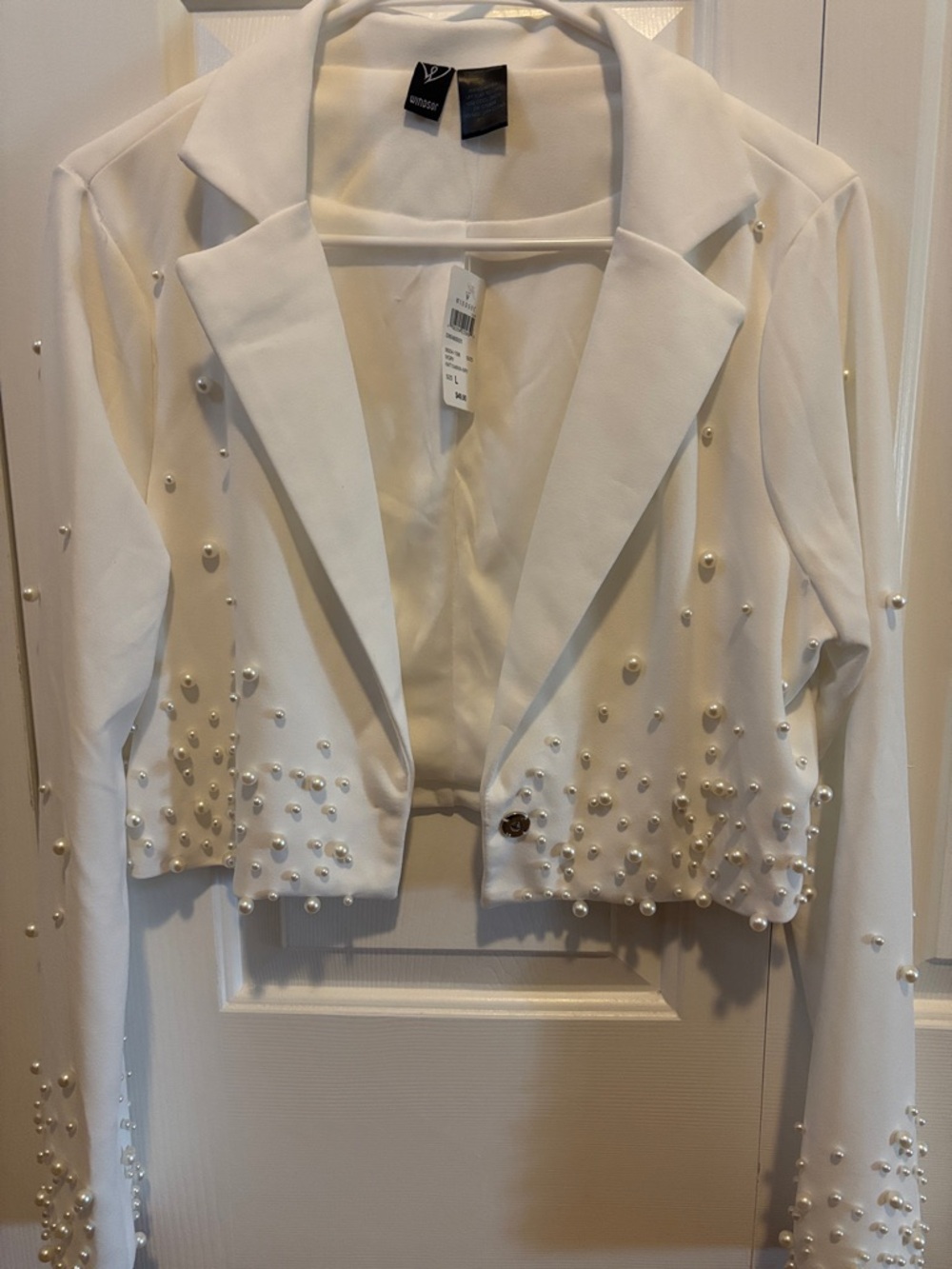 Windsor White Cropped Pearl-Studded Blazer